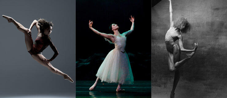 A collage showing three side by side photos of ballerinas Candy Tong, Sarah Lane, and Adji Cissoko.