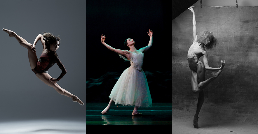 A collage showing three side by side photos of ballerinas Candy Tong, Sarah Lane, and Adji Cissoko.