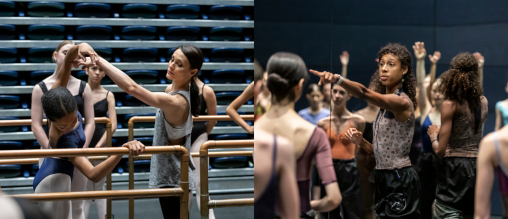 Two photos, shown side by side. On the left, Sarah Lane corrects a young female student's combre into the barre. Lane touches the dancer's wrist gently as she bends toward the barre. On the right, Adji Cissoko points and smiles, surrounded by a group of young dance students.