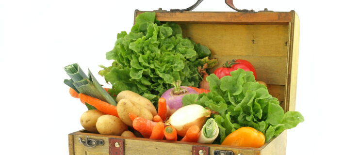 An old suitcase filled with vegetables like lettuce, tomatoes, carrots, and potatoes.