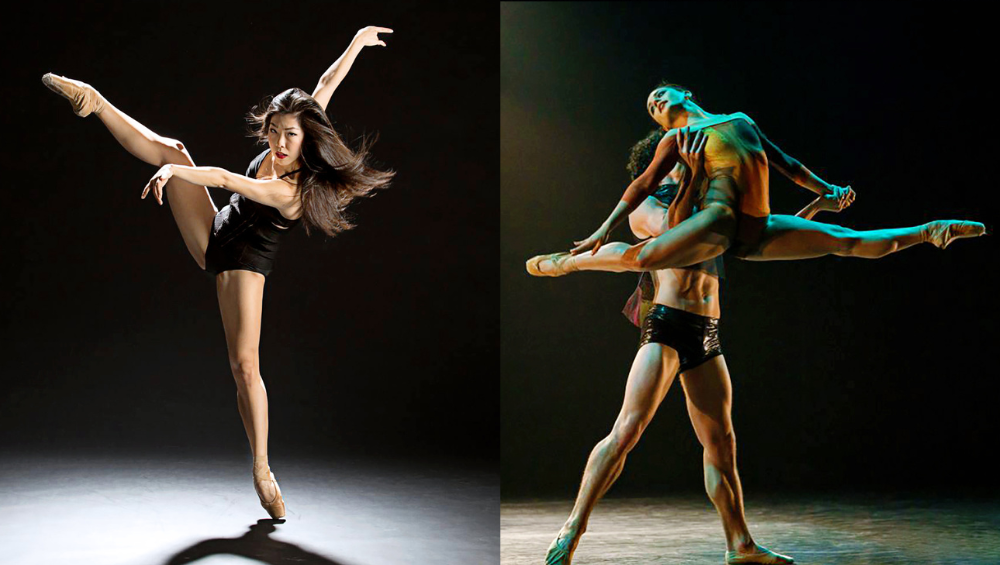 A collage of two photos side-by-side. On the left, Andrea Yorita poses powerfully in a contorted attitude devant, her long hair flying as she stares down the camera. On the right, Simon Plant lifts Tatiana Melendez in an arched split; they are lit with dark colored lights.