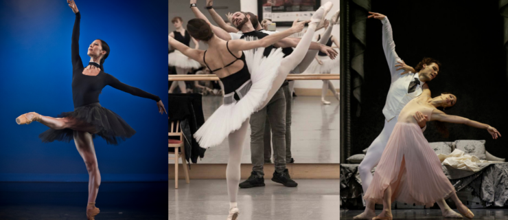 From left: Elisa Carrillo Cabrera poses on pointe with her left leg held devant, wearing a black tutu; photo by Carlos Quezada. Stanislav Fečo leading rehearsal at Slovak National Theatre Ballet; photo by Peter Brenku. Hugo Marchand and Dorothée Gilbert in Le Rouge et le Noir; photo by Svetlana Loboff, courtesy Paris Opéra Ballet.
