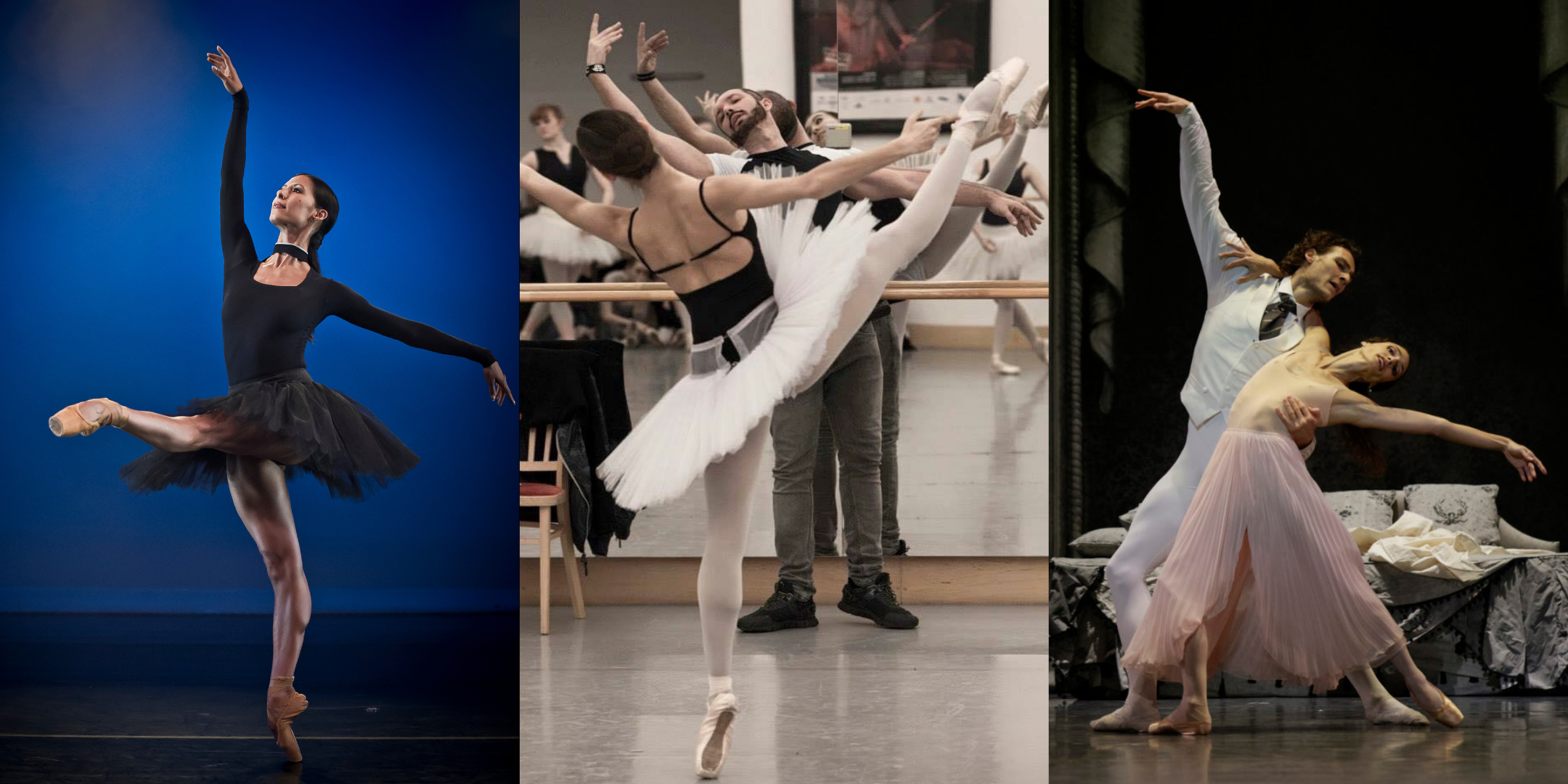 From left: Elisa Carrillo Cabrera poses on pointe with her left leg held devant, wearing a black tutu; photo by Carlos Quezada. Stanislav Fečo leading rehearsal at Slovak National Theatre Ballet; photo by Peter Brenku. Hugo Marchand and Dorothée Gilbert in Le Rouge et le Noir; photo by Svetlana Loboff, courtesy Paris Opéra Ballet.