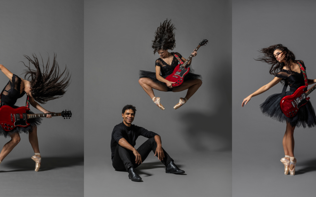 Carlos Acosta and Birmingham Royal Ballet first artist Sofia Liñares pose for promotional photos for "Black Sabbath: The Ballet." Carlos sits on the ground wearing all black, surrounded by Linares in various rock n roll poses as she wears a black tutu and holds a red electric guitar.