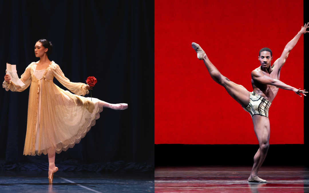 Two photos, shown side-by side. On the left, Danbi Kim does a gentle arabesque in a long, flowing cream-colored gown. She reads a letter she holds in her right hand, her left arm extended back slightly as she holds a red rose. On the left, Eric Best poses in an explosing a la seconde battement in front of a bright red backdrop. His arms make a "V" to his left side and he stares down the audience.