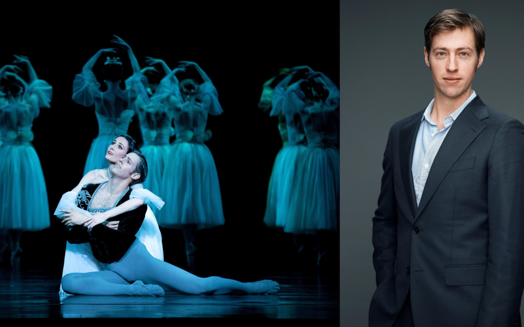 Two photos side-by-side. On the left, a male and female dancer perform as Albrecht and Giselle in "Giselle." On the right, Ty King-Wall poses for a portrait photo in a dark blue suit.