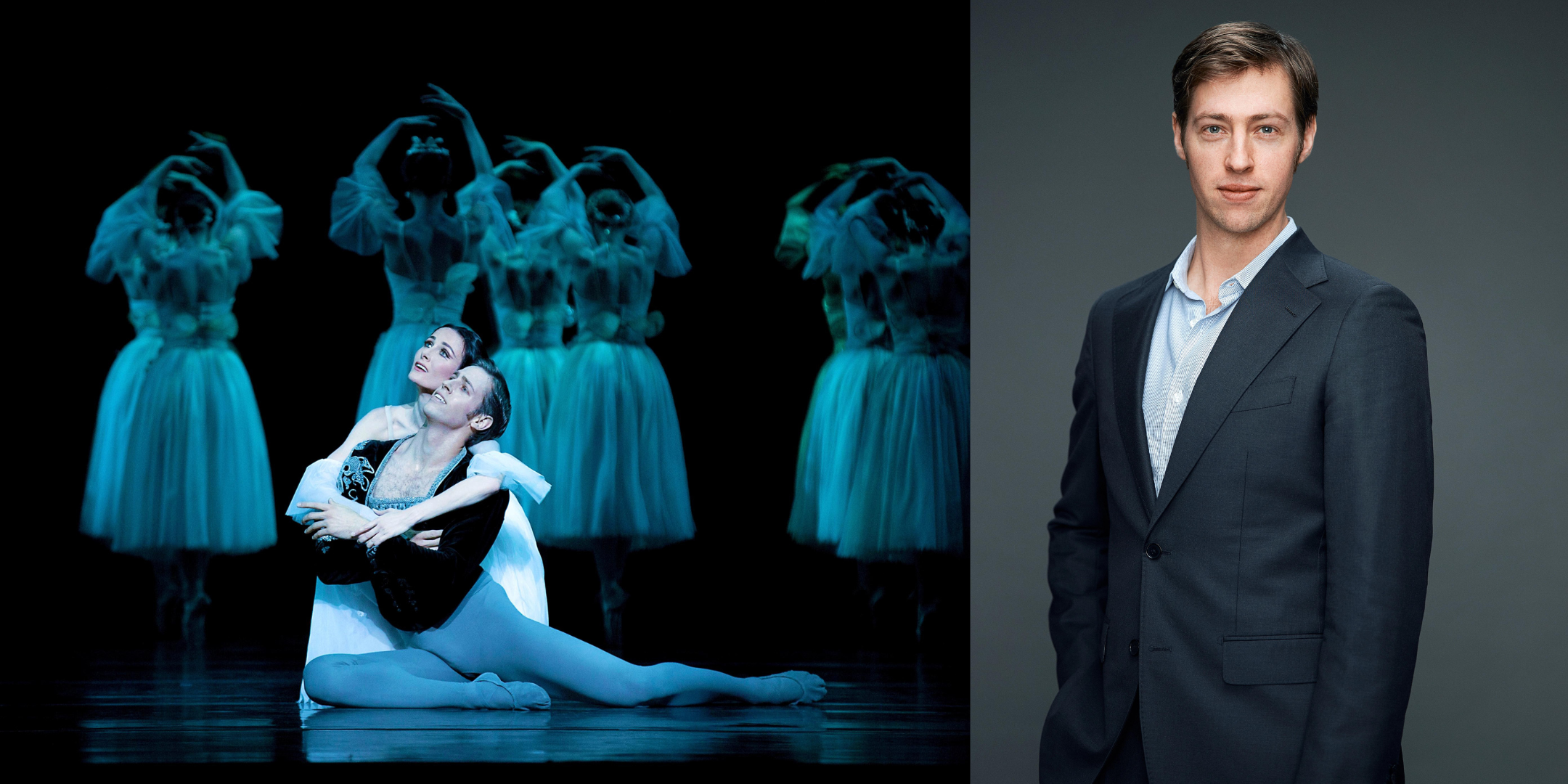 Two photos side-by-side. On the left, a male and female dancer perform as Albrecht and Giselle in "Giselle." On the right, Ty King-Wall poses for a portrait photo in a dark blue suit.