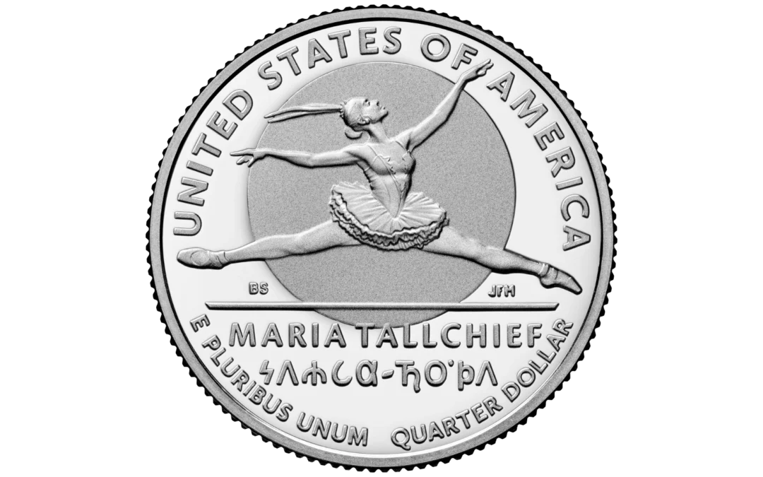 A U.S. quarter on a white background. The quarter features Osage ballerina Maria Tallchief in the "Firebird" role doing a saut de chat.