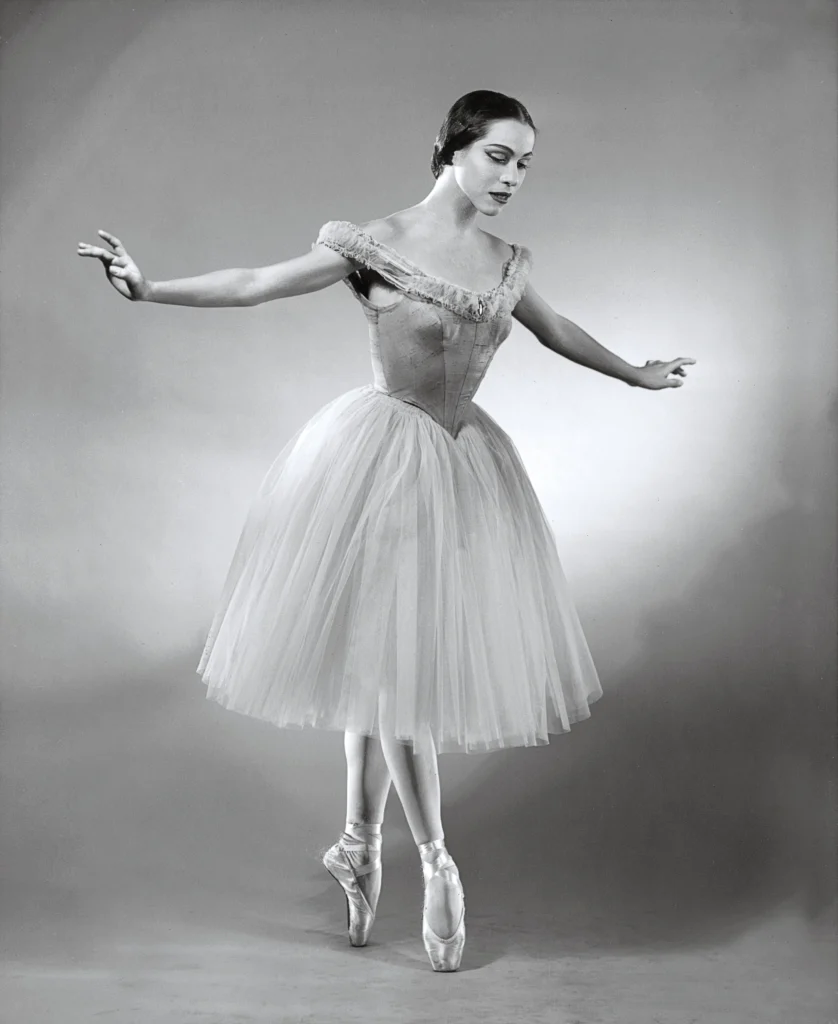 A black and white photo shows Maria Tallchief in George Balanchine's <i>Scotch Symphony</i>. Photo by Walter E. Owen, courtesy <i>Dance Magazine</i> Archives.