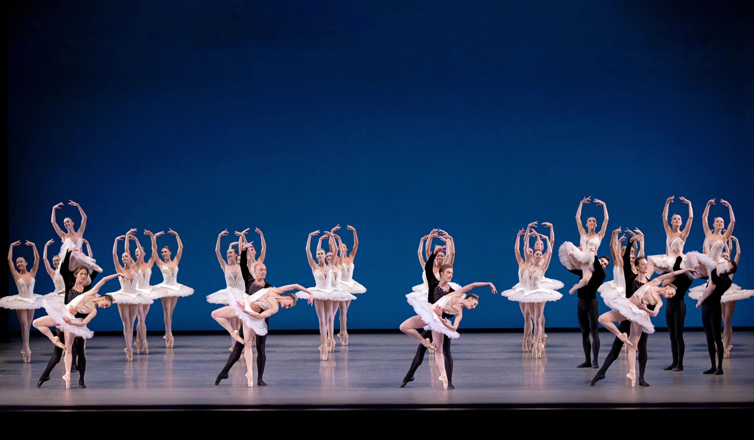 A large ensemble of New York City Ballet dancers poses onstage in "Symphony in C." In the front line, five pairs of male and female partners pose together, and behind them two lines of corps de ballet women post in sous-sus. The women wear white tutus, and the men wear black tights and tunics.