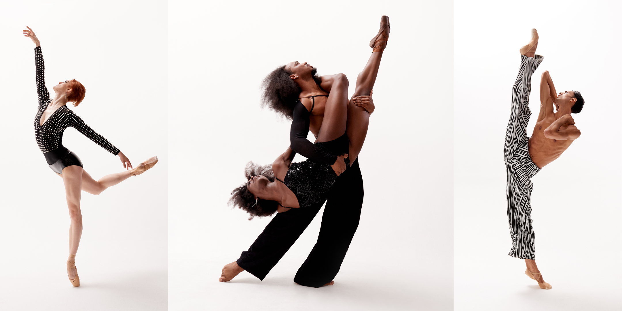 Three photos positioned side-by-side: Jillian Davis, April Watson and Joe Gonzalez, and Alberto Andrade pose in contemporary ballet movement.
