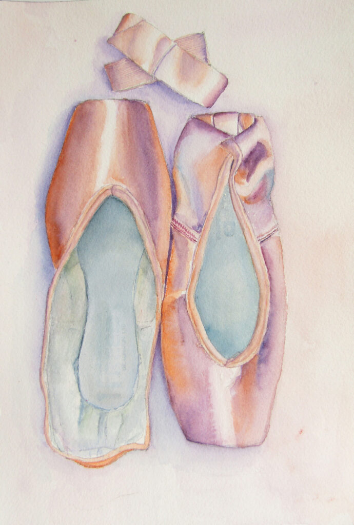 An illustration of a pair of pink pointe shoes without ribbons or elastic attanched. Two bunches of pink ribbon rest next to the shoes at the top of the illustration.