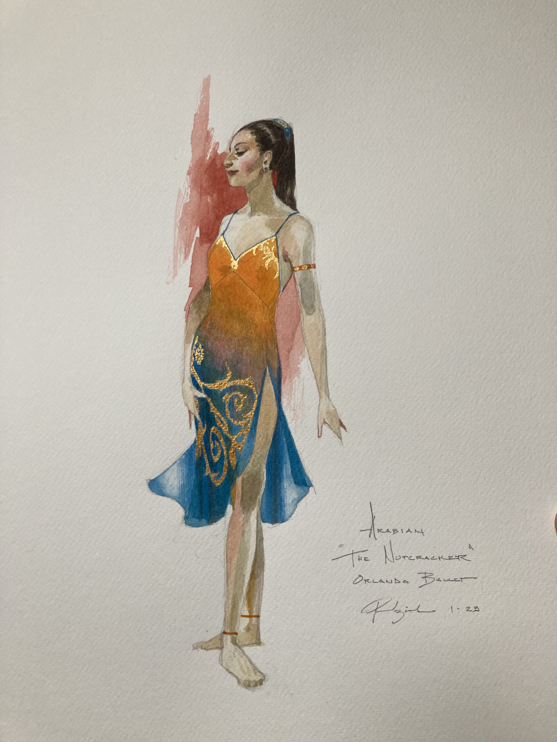 A sketch on paper in pen and watercolor shows for the design for a new Desert Princess costume.