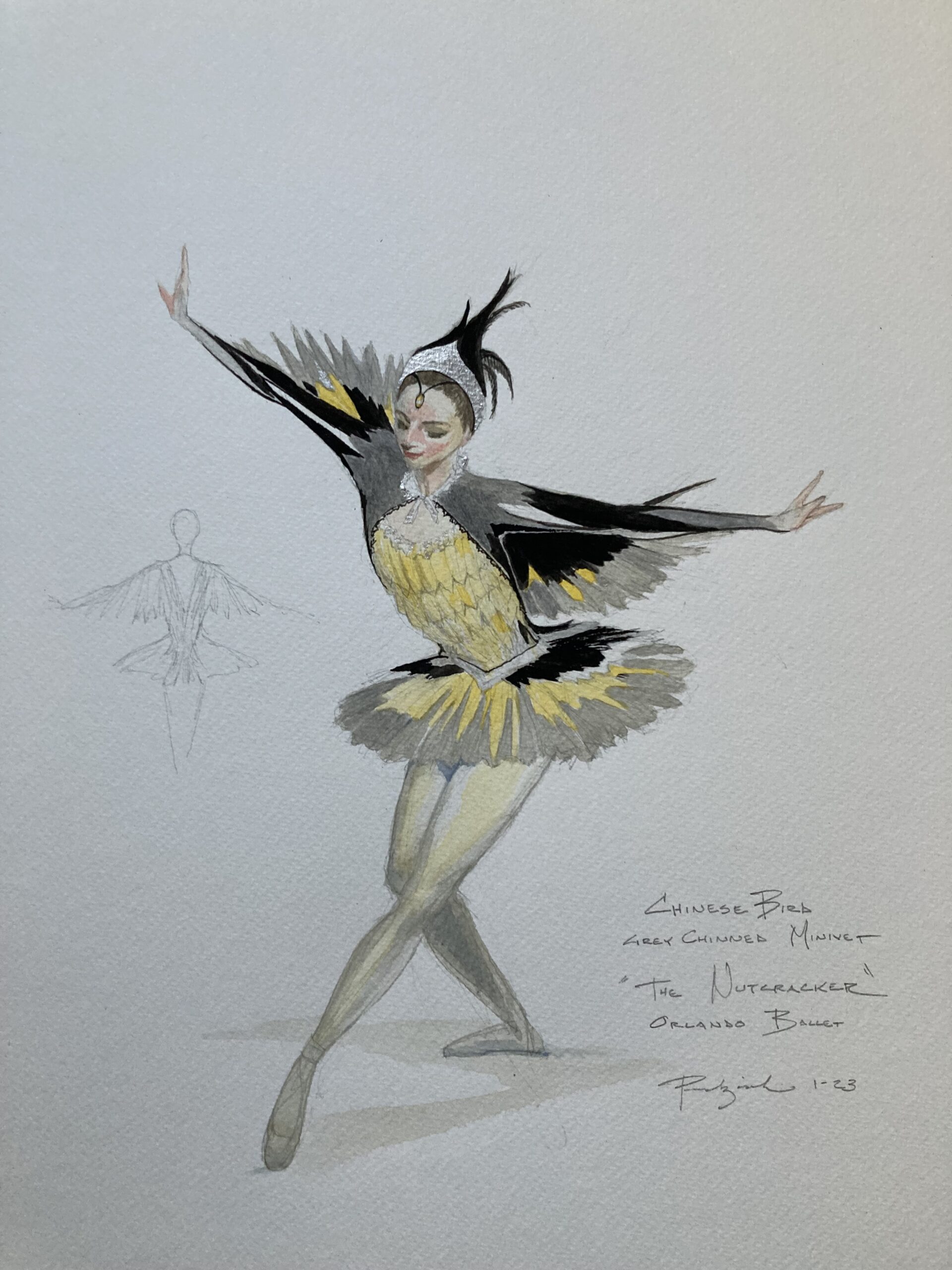 A sketch on paper in pen and watercolor shows for the design for a new Heron costume.