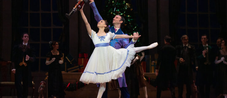 Carina Roberts as Clara and Matthew Lehmann as Uncle Drosselmeyer dance in the party scene from The Nutcracker .