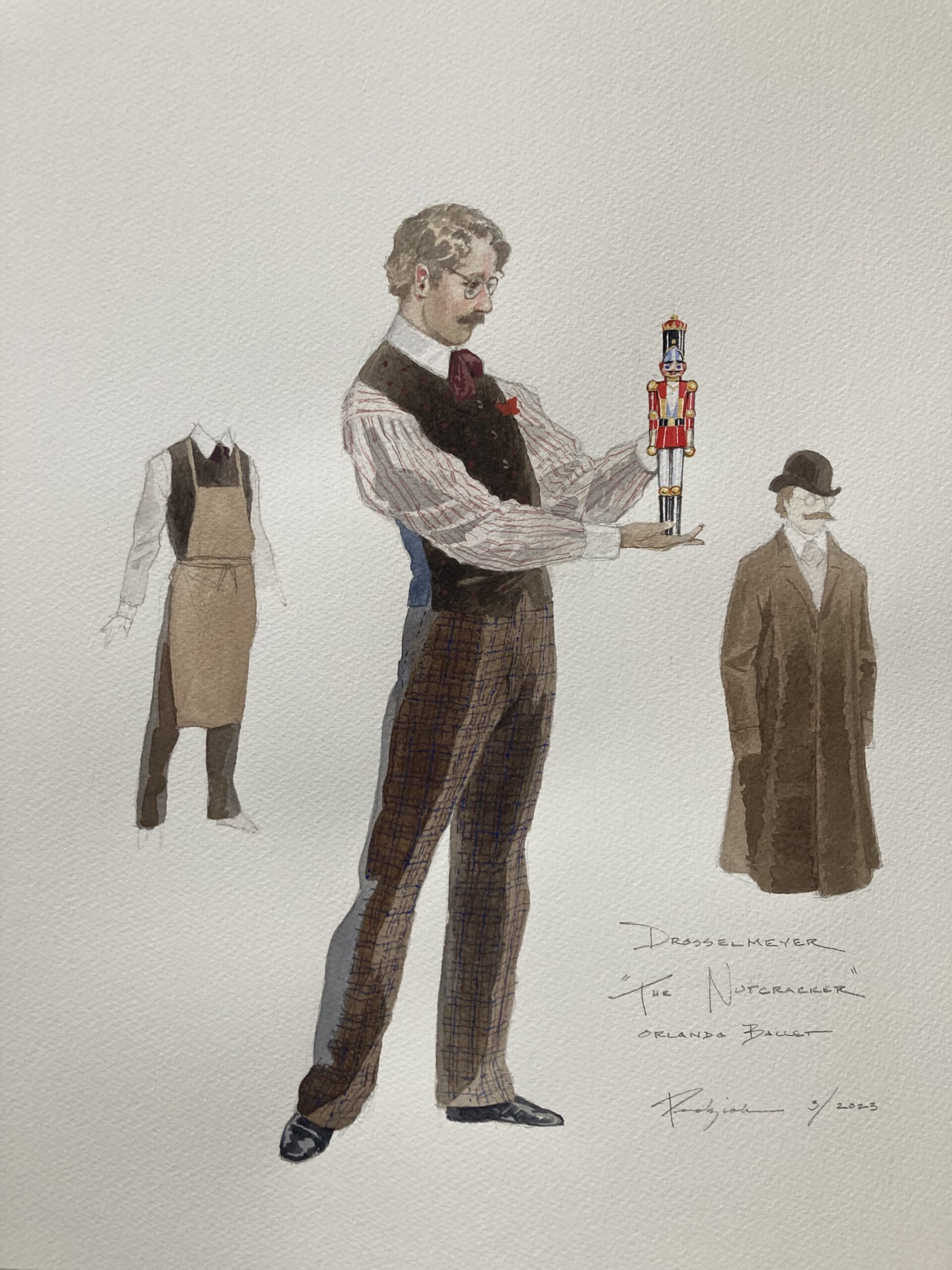 A sketch on paper in pen and watercolor shows for the design for a new Drosselmeyer costume.