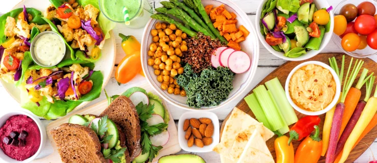 Platters and bowls of plant-based foods are shown from above on a white-washed table. They include salads, vegetarian sandwiches, and dips.