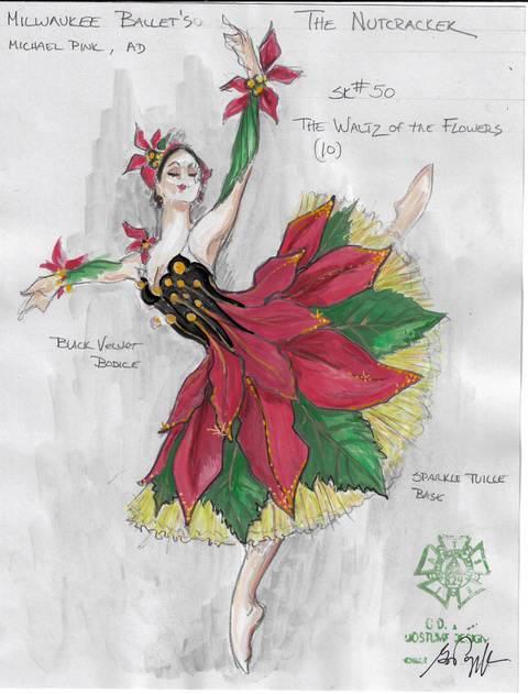 A sketch on paper with pen and watercolor rendering a new Flower costume.