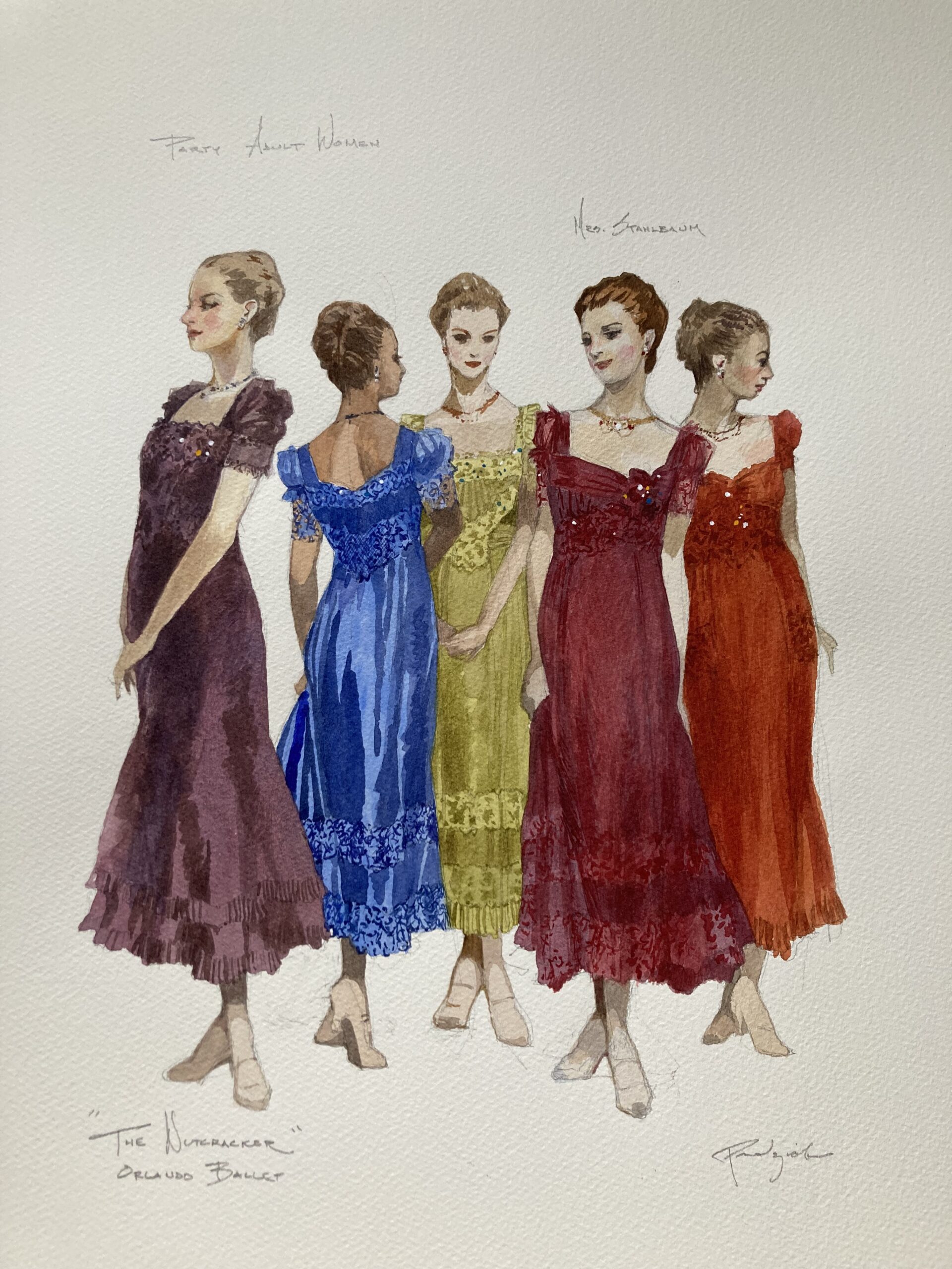 A sketch on paper in pen and watercolor shows for the design for new Party Scene women's costumes.