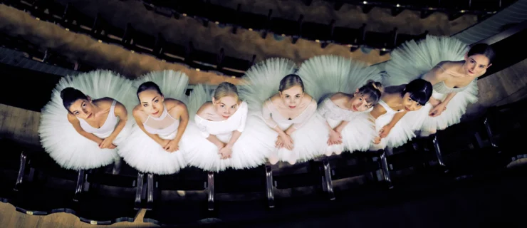 Seven ballerinas are photographed from above in the house of a theater. They stand side by side in front of a row of seats, wearing white practice tutus and leotards and their hair pulled back into buns. They fold their hands in their lap and look up with small smiles towards the camera.