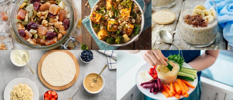 Five photos collaged together, showing different vegan snacks: trial mix, quinoa bowl, nut butter and banana wrap, veggies with hummus, and chia pudding.