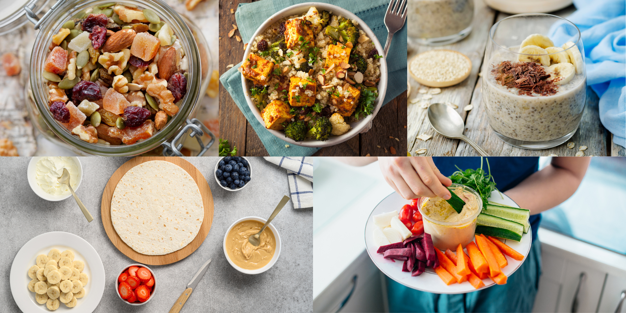 Five photos collaged together, showing different vegan snacks: trial mix, quinoa bowl, nut butter and banana wrap, veggies with hummus, and chia pudding.