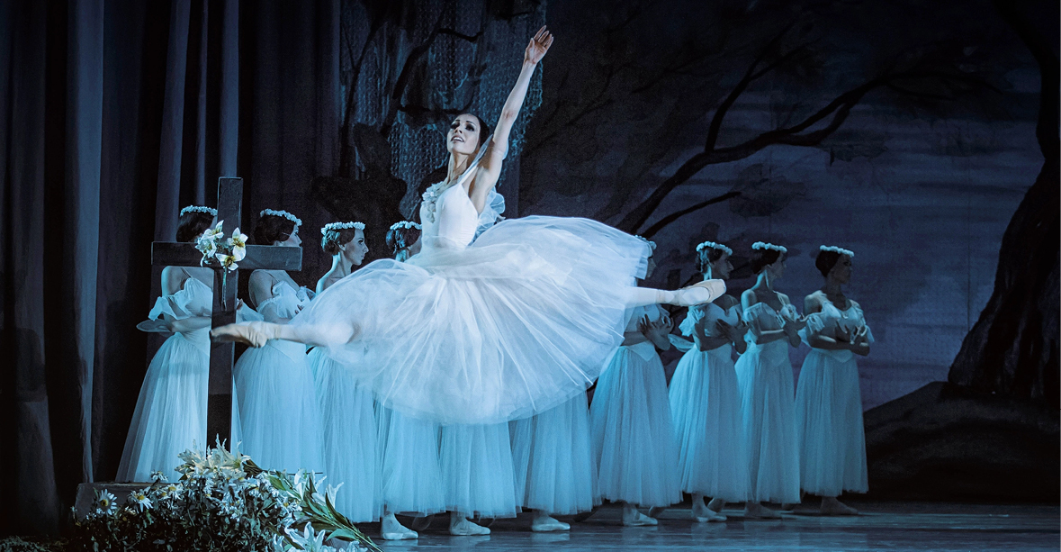 Kateryna Kukhar flies in a saut de chat as the titular character in Giselle.