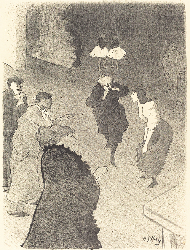 A black and white litograph shows two women onstage rehearsing, one with white hair and a black dress and the younger one to her left in a white blouse and dark skirt. Three people in heavy coats--two men and one woman-- stand in front and watch, pointing things out as the women rehearse dance. In the background, two ballerinas stand next to each other and talk next to a large tree, while a gentleman in a suit stands off to the side, resting against his tall umbrella.