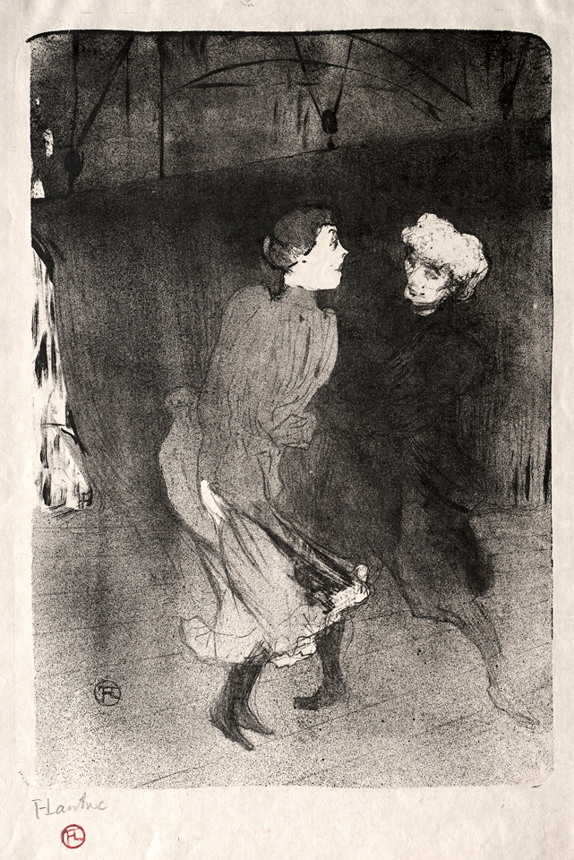 A black and white lithograph shows a younger woman and older woman with white hair rehearsing onstage. They both wear lng dresses with high-neck collars and long sleeves, and black tights.