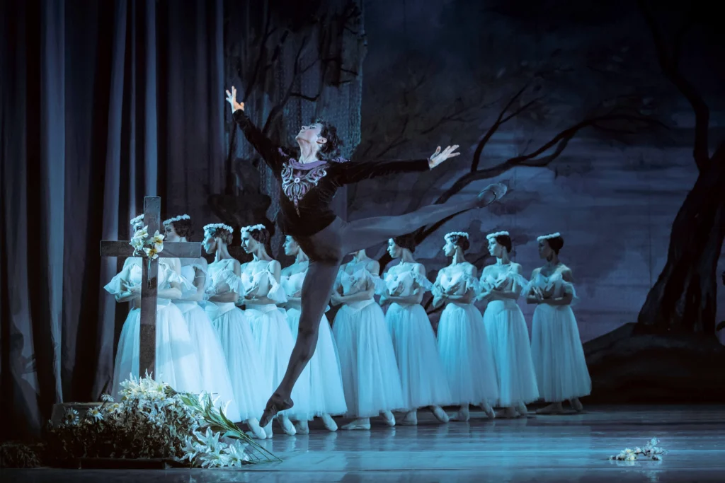 Oleksandr Stoianov does a dramatic sauté arabesque as Albrecht in <i>Giselle</i>. 