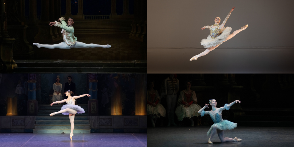 A collage of four photos of Boston Ballet dancers performing onstage.