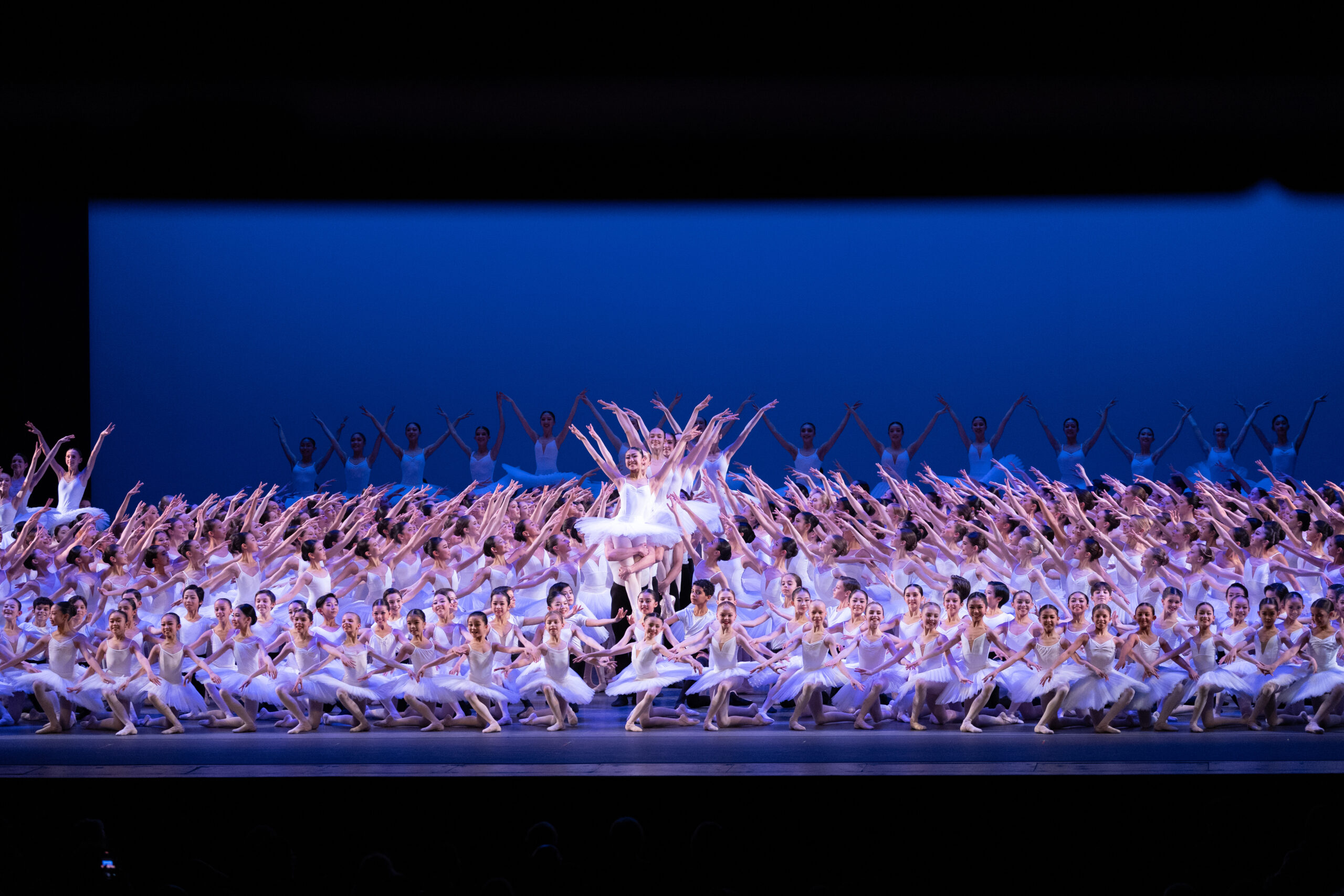 A very large group of student ballet dancers make a tableau, filling the entire stage. The girls wear white leotards, white tutus, pink tights and pink abllet shoes. The boys wear white t-shirts, black tights, white socks and white ballet shoes. The dancers pose in multiple levels, with several lines in the front on their knees, those in the middle in tendu facing the center, and a group of boys in the back and in a line down the center lifting their femal partner into a simple lift.