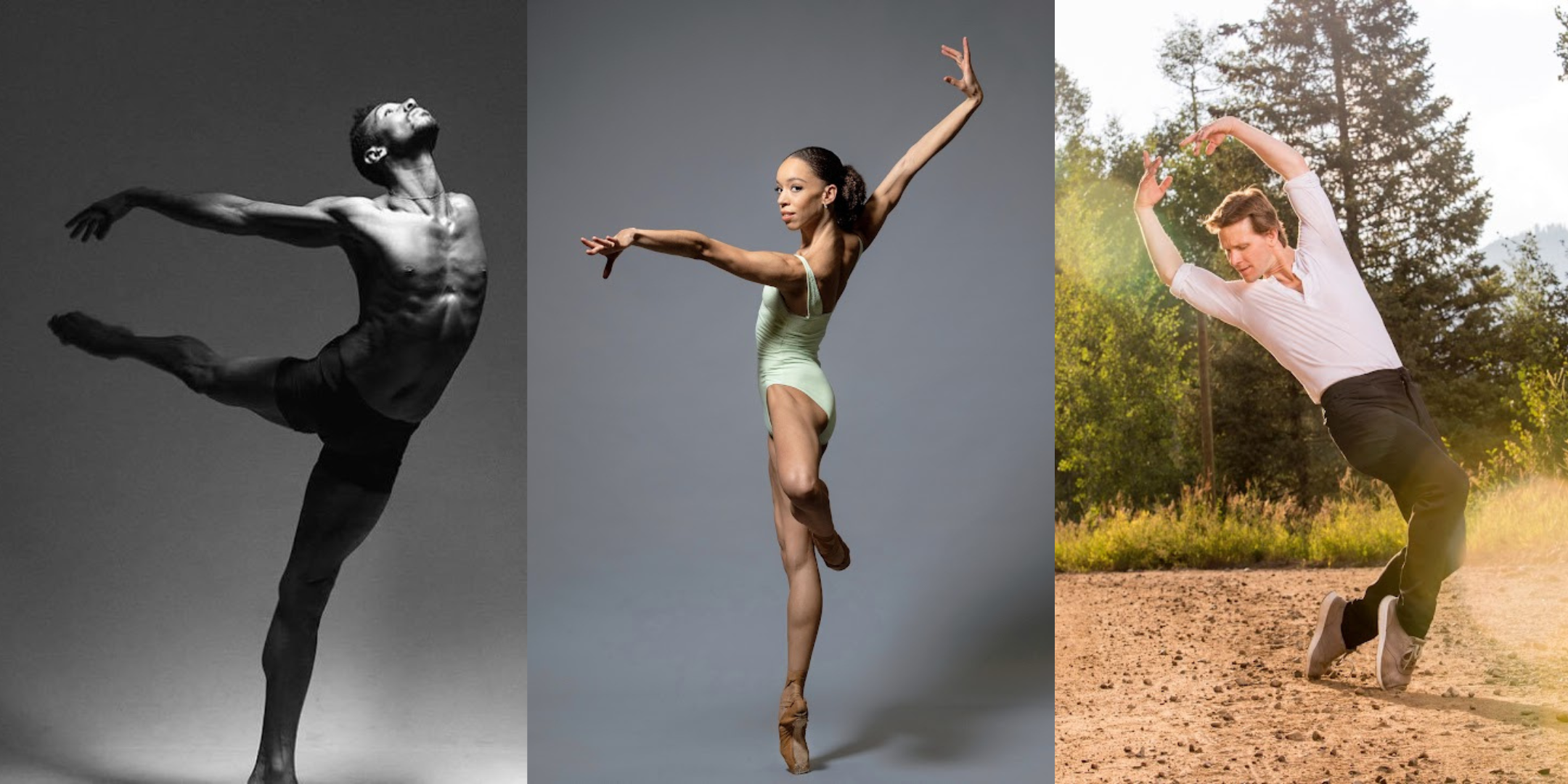 This collage shows three photos side by side. On the far left, a black and white photo shows a male dancer wearing shorts in arabesque, pressing his arms back and looking up towards the ceiling. In the middle photo, a ballerina wearing a mint leotard is shown in profile facing stage right in a turned out passé on pointe. She sweeps her left arm across in front of her and raises her right arm high and slightly behind her as she looks out towards the camera. In the photo on the far right, a male dancer in a long-sleeved white t-shirt, black jeans and sneakers dances outside in front of a line of trees. He pushes up onto the tips of his toes with bent knees and holds his arms in high fifth position, looking down over his right shoulder.
