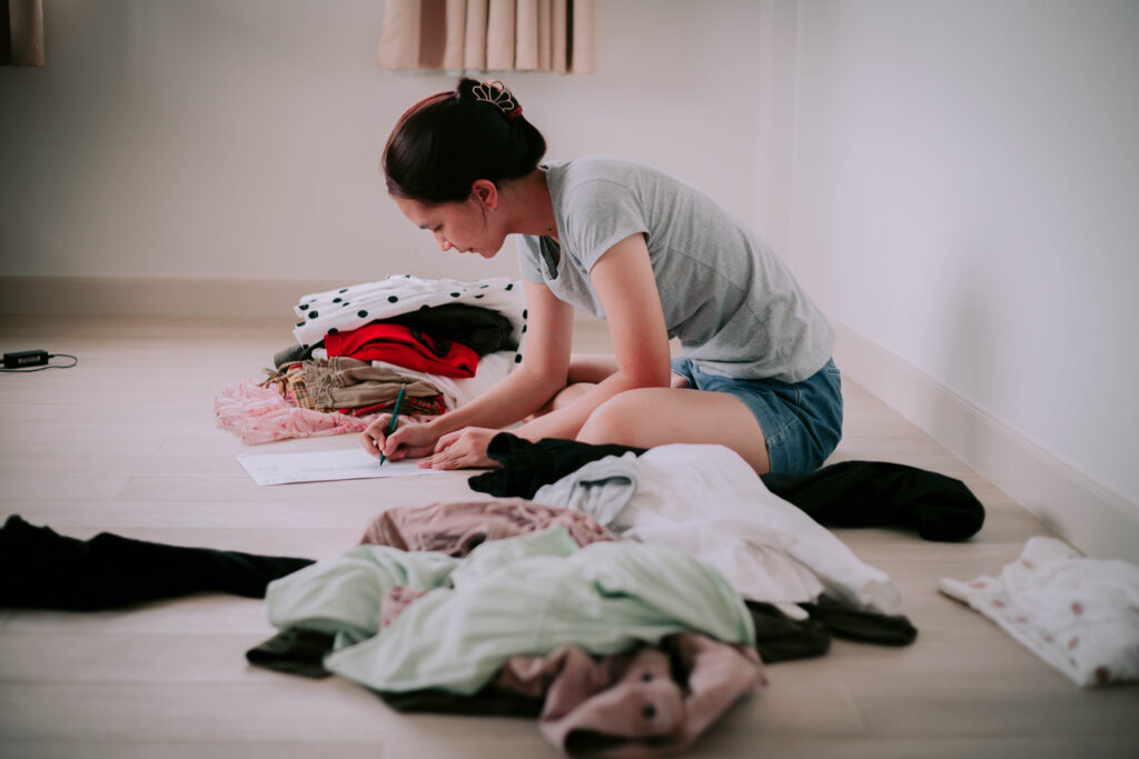 A young woman sits cross-legged on her bedroom floor taking her clothes to sell and is calculating the money that will be received from the sale