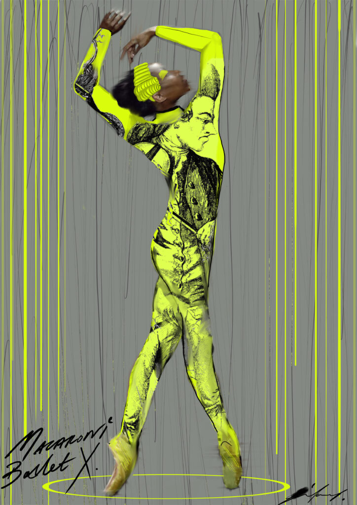 A costume sketch shows a dancer standing on pointe in a fourth position croisé, arms over head in fifth, and the torso twisted for style. The neon yellow unitard features a black ink print of a "macaroni" caricature.