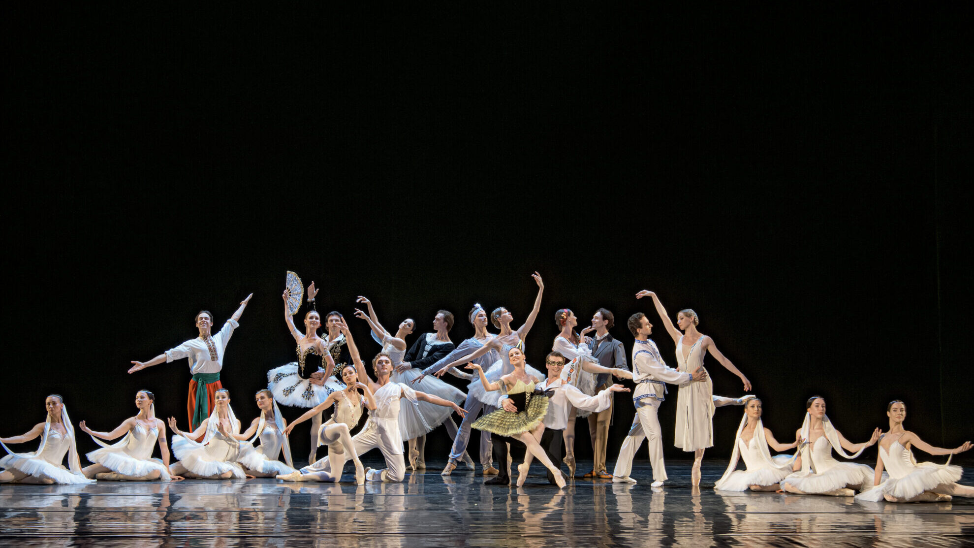 Members of the National Ballet of Ukraine pose in a tableau onstage wearing various costumes. The front line of dancers take poses on or low to the floor, while the back line pose standing or on pointe. The are in front of a black backdrop.