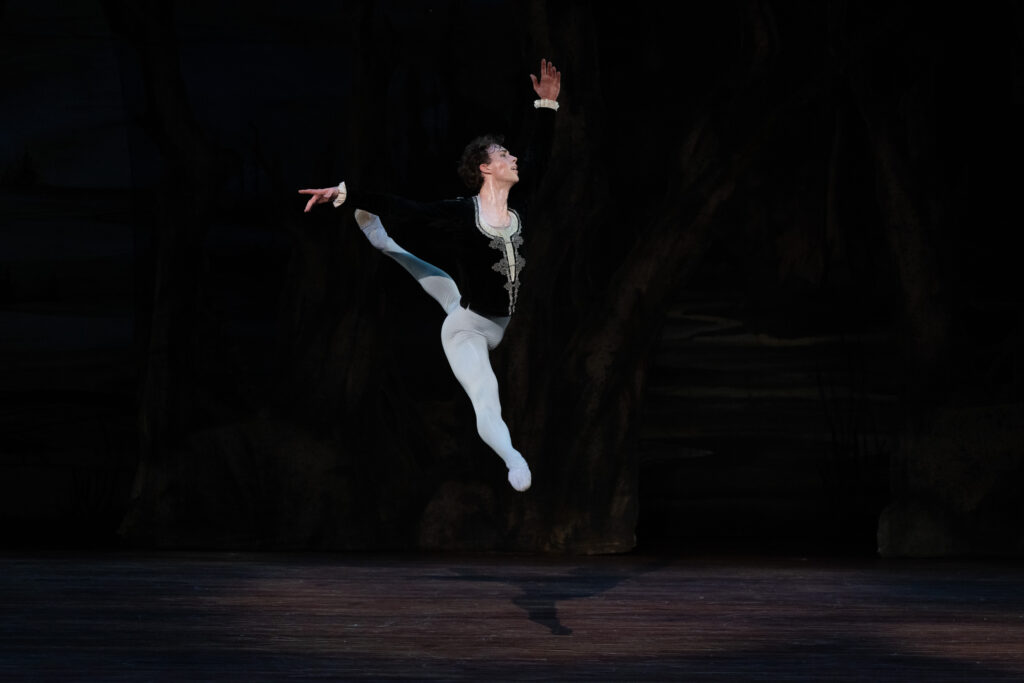 Jack Thomas, as Albrecht, is suspended mid-air in a sissone en avant with his arms in high third position. He wears light gray tights and a dark green velvet tunic.