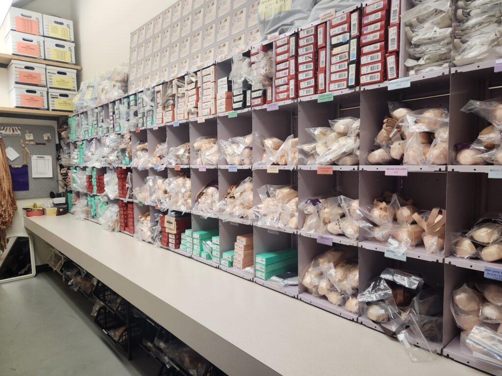 Four rows of storage shelves line the wall of a windowless room. Each shelf is filled with brand new pointe shoes or ballet shoes in various boxes and plastic bags. Below them is a bench that runs the length of the wall.