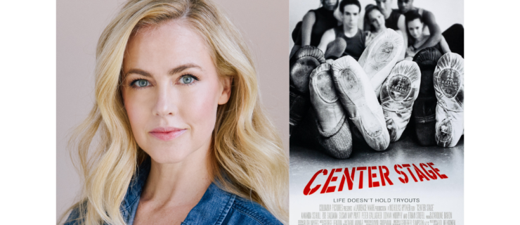 Two photos side-by side. On the left, Amanda Schull smiles demurely wearing a dark blue button down. On the right, a film poster for "Center Stage" features a group of young ballet dancers sitting together, their ballet shoes largest in the camera's focus. The words "Center Stage" span the bottom in red, and underneath the film credits are listed.