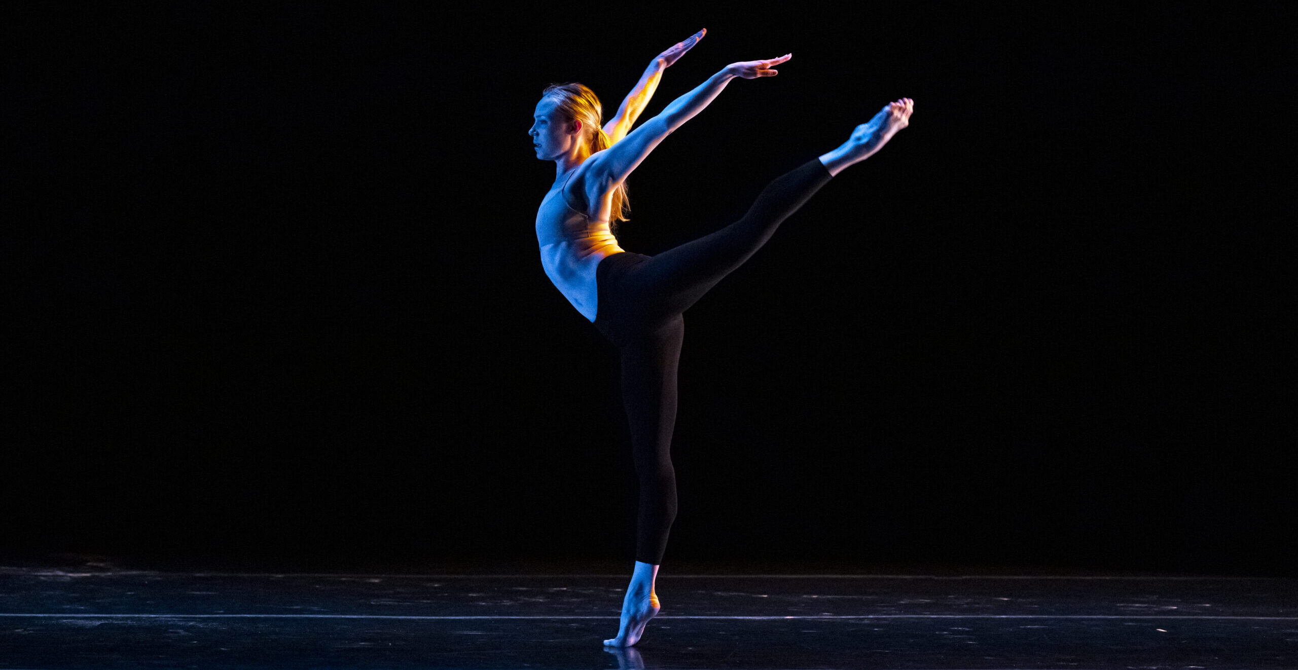 Sara Mearns wears a nude leotard and black tights. In dark lighting onstage, she does an arabesque facing profile, her arms lifted in a wide V behind her.