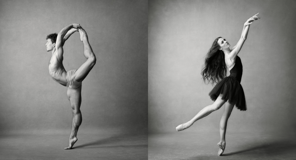 Two black and white photos laid side-by side. On the left, Célestin Boutin reaches overhead to hold his left leg, bent in a steep attitude derriere line as he releves, facing profile. He hears nude-colored tight shorts. On the right, Anya Nesvitaylo wears a black leotard and practice tutu, her long dark hair flowing down, and she poses in a low attitude derriere on releve. She lifts up her arms, laying the left gently on top of the right, and uses epaulement in the epaule line to look off into the distance.