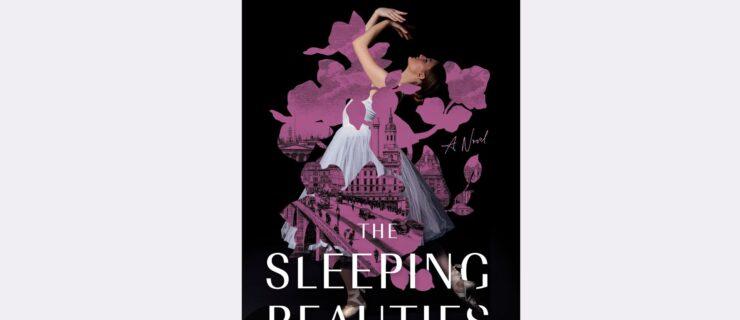 A book cover with the author name Lucy Ashe in white lettering across the top, and The Sleeping Beauties in larger white lettering on the bottom. The photo on the book jacket shows a ballerina in profile in a long white tutu, arching back and crossing her wrists.