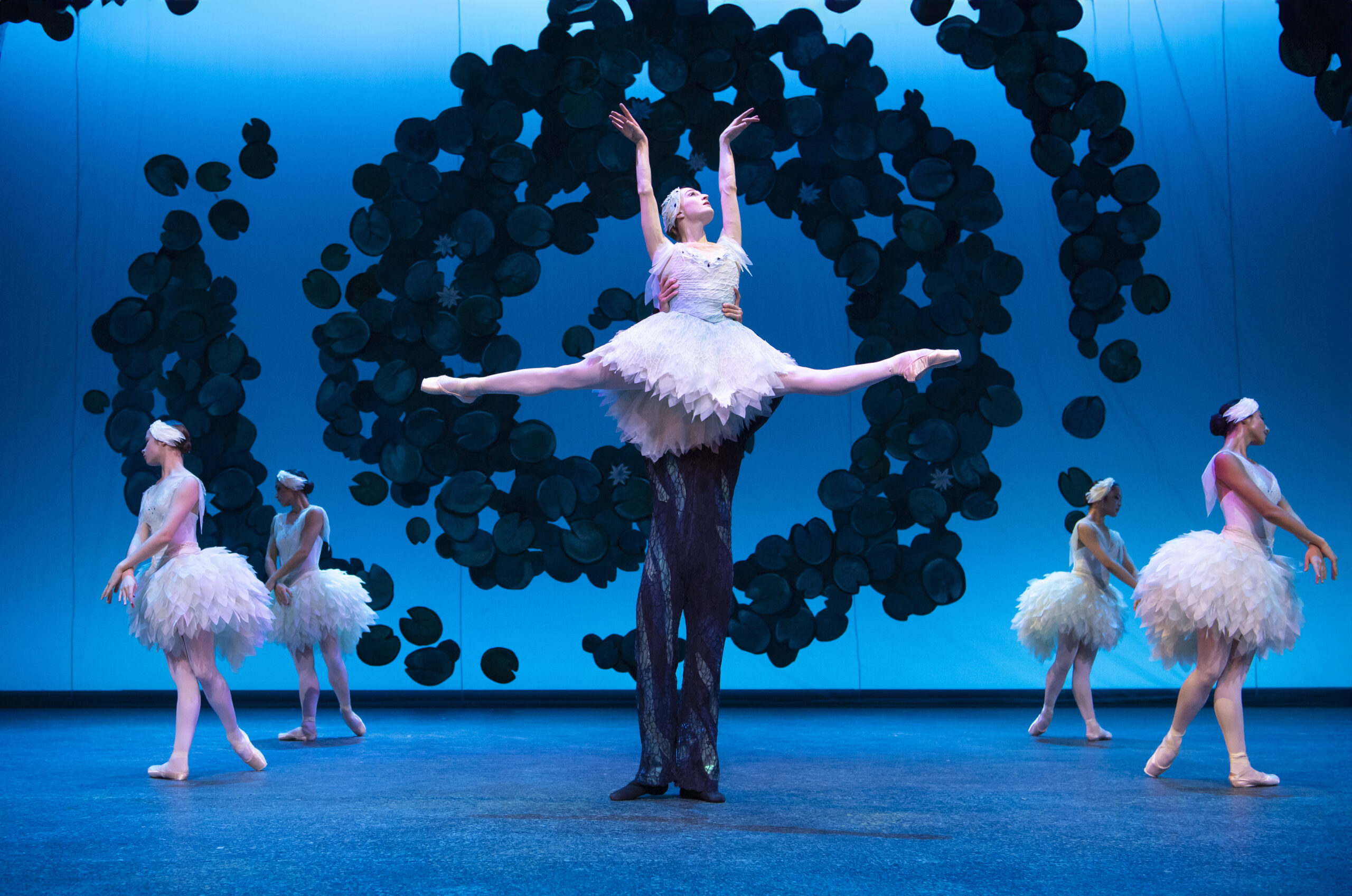 In front of a bright blue background with a textured black swirl, a male dancer in a dark, scale-y suit and pants costume lifts a female dancer, Odette, who wears a tattered white dress and crown. She lifts her arms as if to fly, her legs split. On either side, two dancers (swans) stand in b-plus, turned away with their hands draped gently in front.