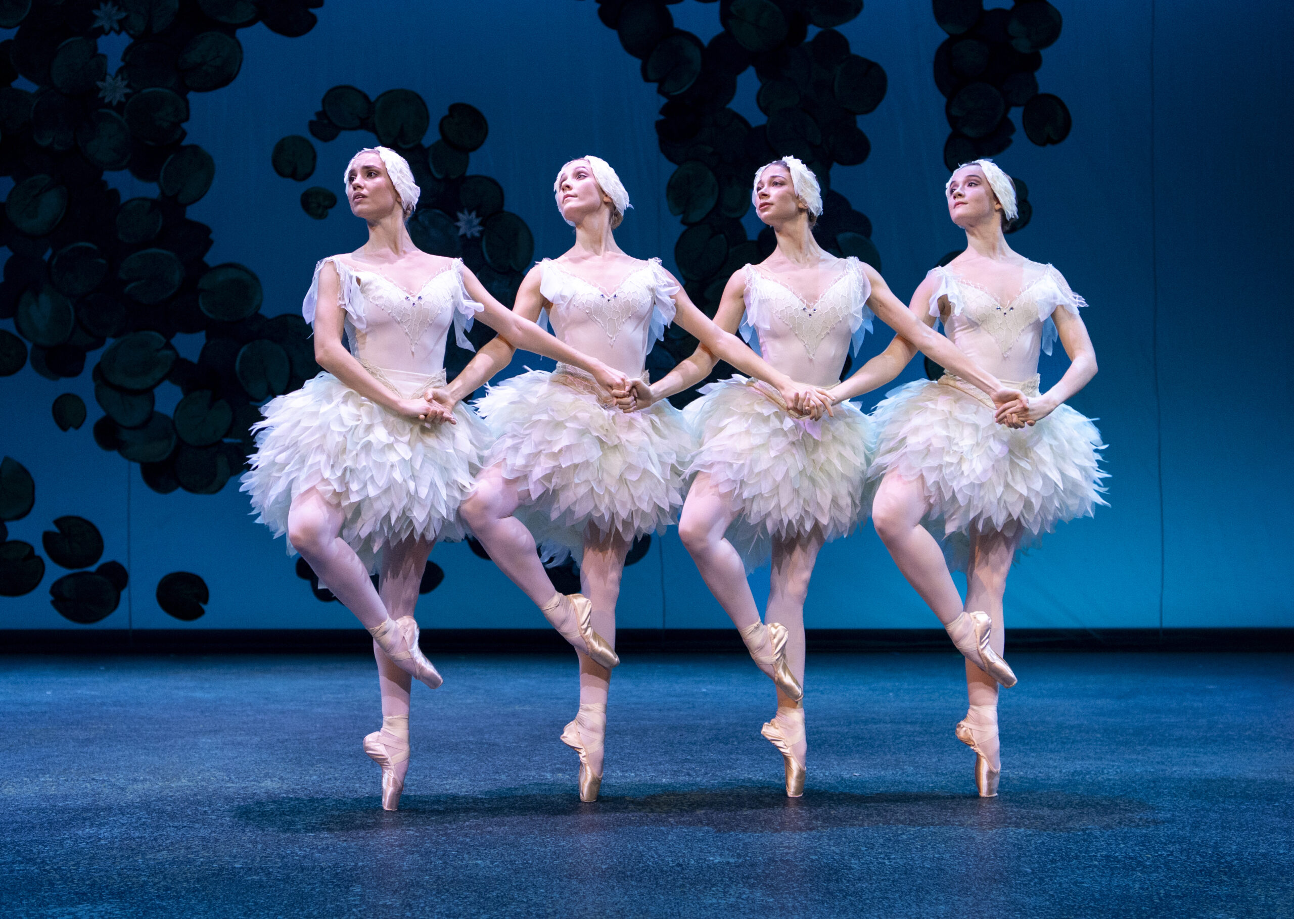 In front of a blue background with a dark textured swirl, four women dressed as swans dance together and criss-cross their arms as they hold hands. They stand on pointe in cou de pied and look up to the corner together.