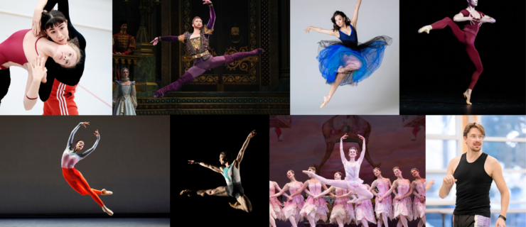 A colorful collage of eight images featuring the ballet artists on Dance Magazine's 2025 "25 to Watch" list.