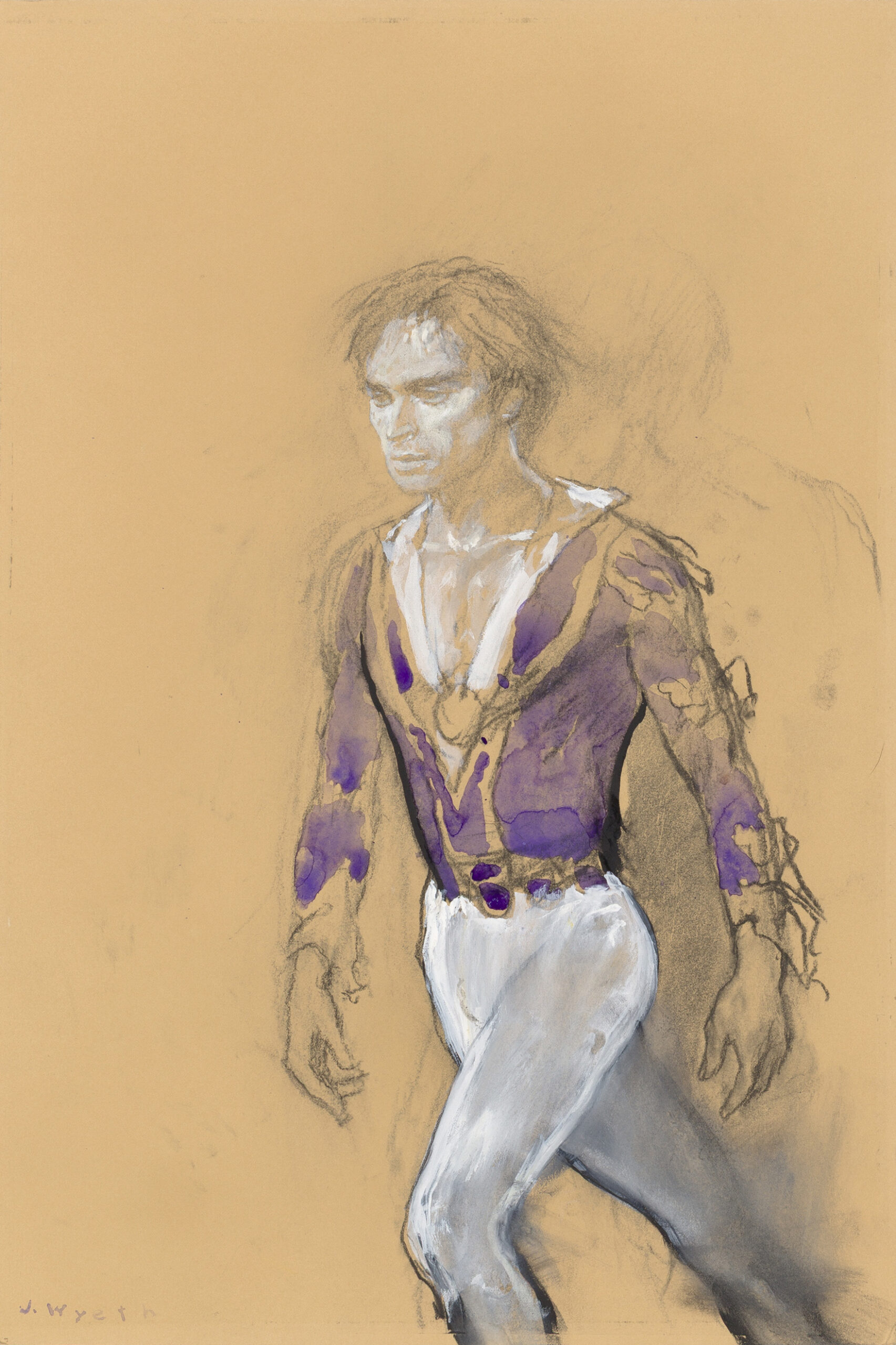 A painting of Rudolf Nureyev walking in costume, with a beige background. He wears a princely purple vest and white tights and looks down slightly, intense.