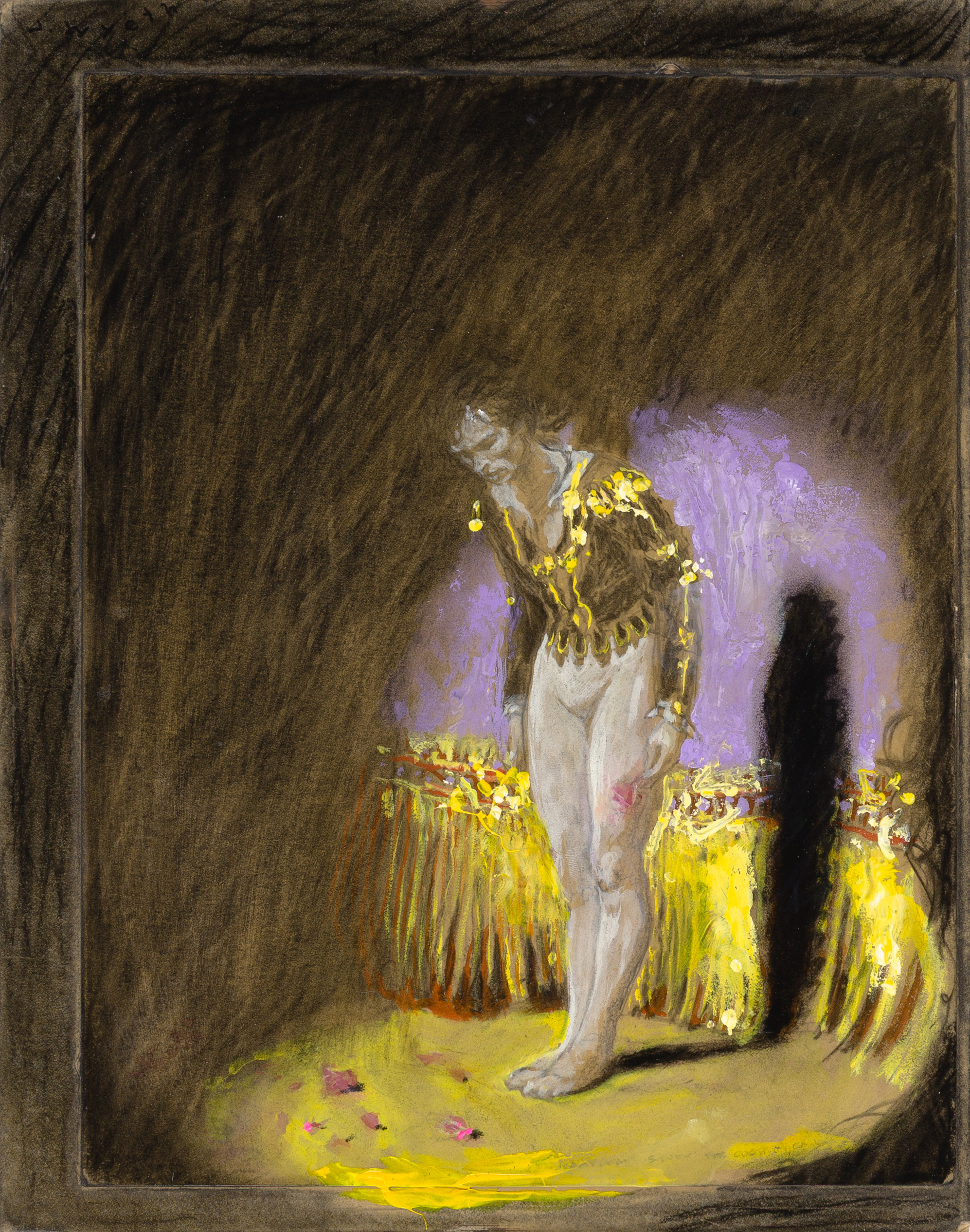 A painting of Rudolf Nureyev bowing onstage in front of a purple curtain with gold fringe. Nureyev is lit by a spotlight and wears a princely costume.