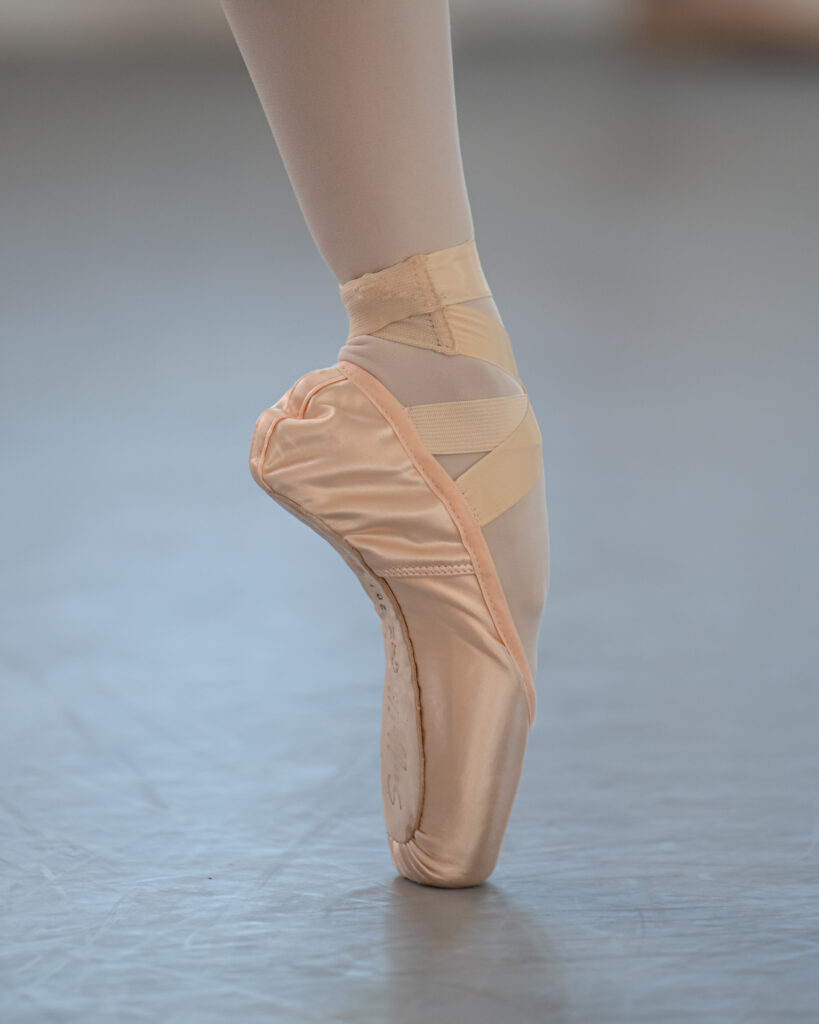 A close-up photo of a dancer's left foot on pointe. The dancers wears pink tights and pink shoes.