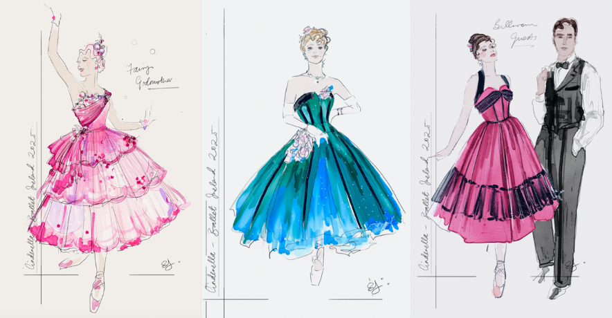 Three costume sketches, side-by-side, for '50's–inspired ballroom gowns and a fairy godmother dress.