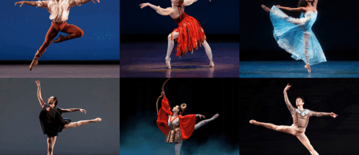 A six photo grid layout features six different dancers on stage. The top farthest left photo features a male dancer with arms extended to the side jumping with his right leg in passé. The center top photo shows a dancer lunging on a left diagonal with arms curved in a diagonal line with her head tilted back. The right top photo shoes a dancer in a white sheer dress with blue lighting in arabesque facing right with her right arm curved above her head and left arm extended straight behind her. The left bottom photo shows a dancer in arabesque facing left with her left arm above her head and right arm extended straight behind her. The bottom center photo shoes a female dancer in a gold skirt, gold headress, and red cape posing in arabesque to the left with her left arm holding up a golden bow and her right arm extended straight behind her. the lower right photo shows a male dancer mid air in a front sauté with arms in fourth position.